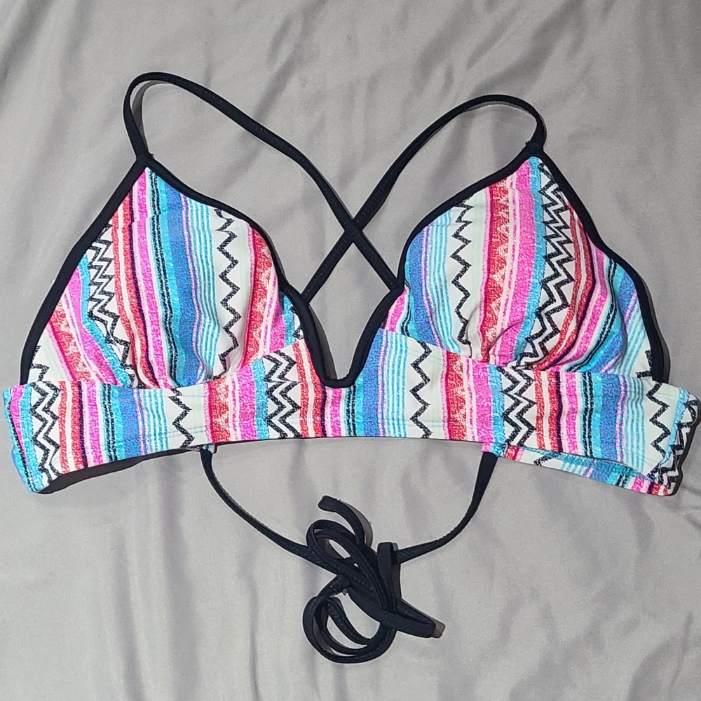 Vibrant Pink and Blue Juniors Bikini Top with Geometric Pattern By O'rageous